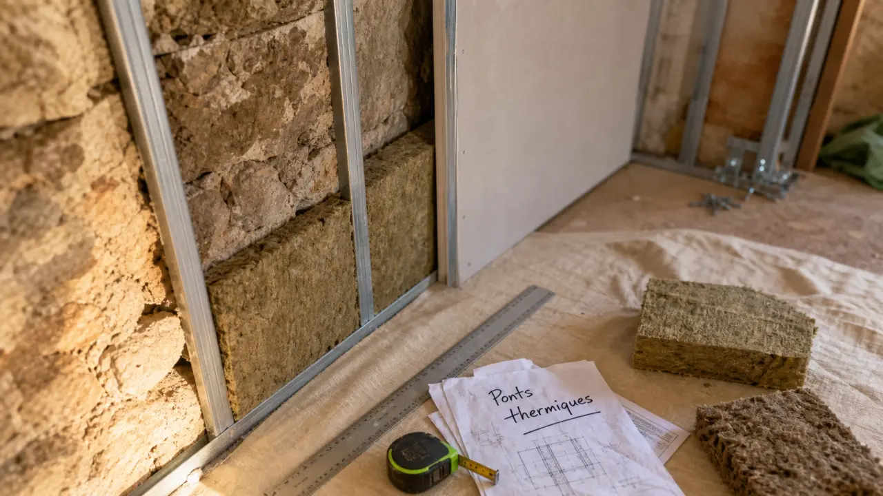Optima Placostil : ponts thermiques sur mur irrégulier, rails métal et plaques de plâtre.