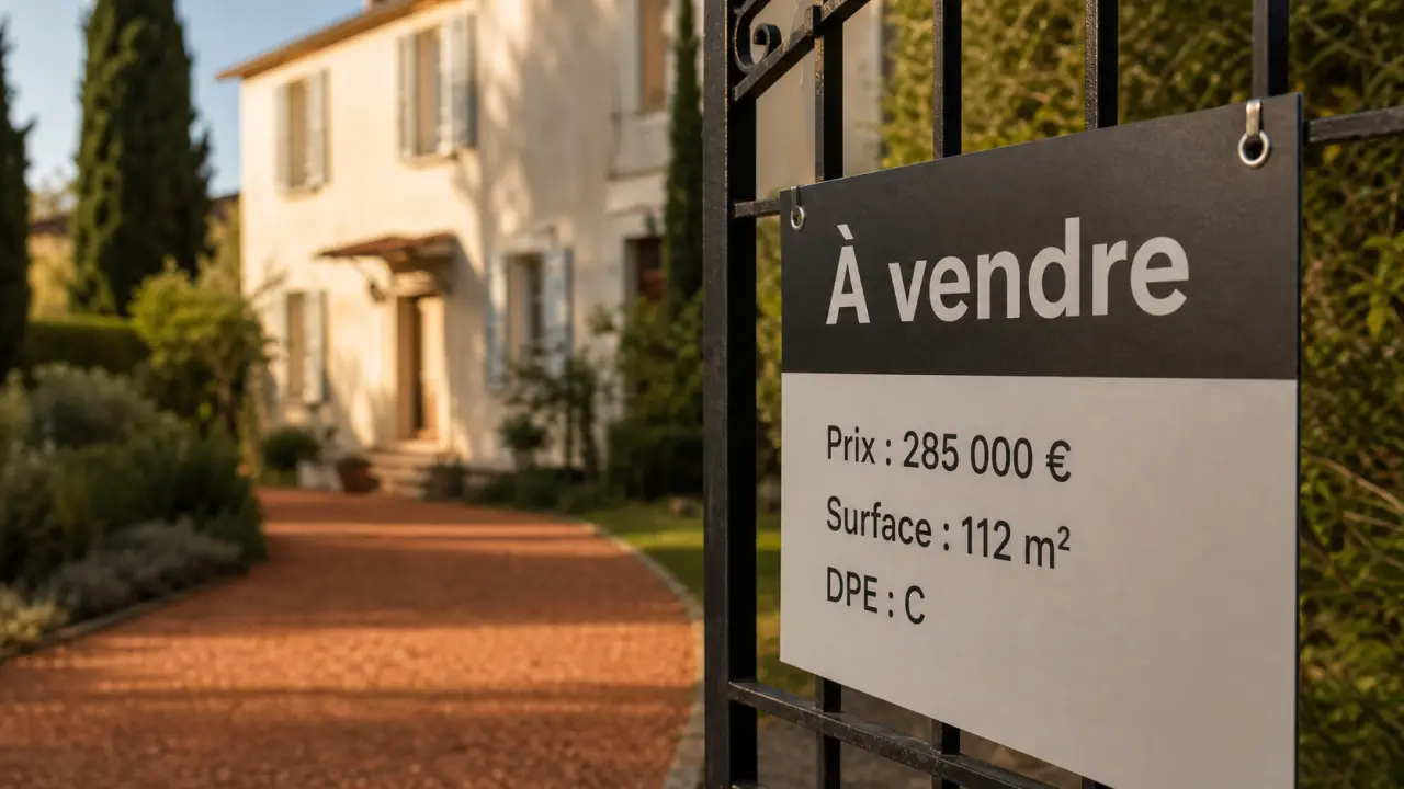 Panneau immobilier avec prix, surface et DPE affichés