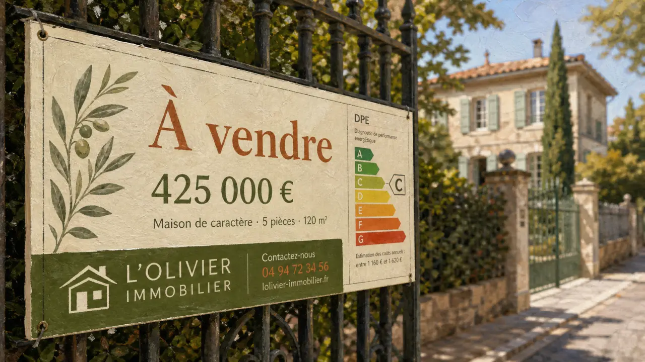 Panneau immobilier avec infos DPE et prix