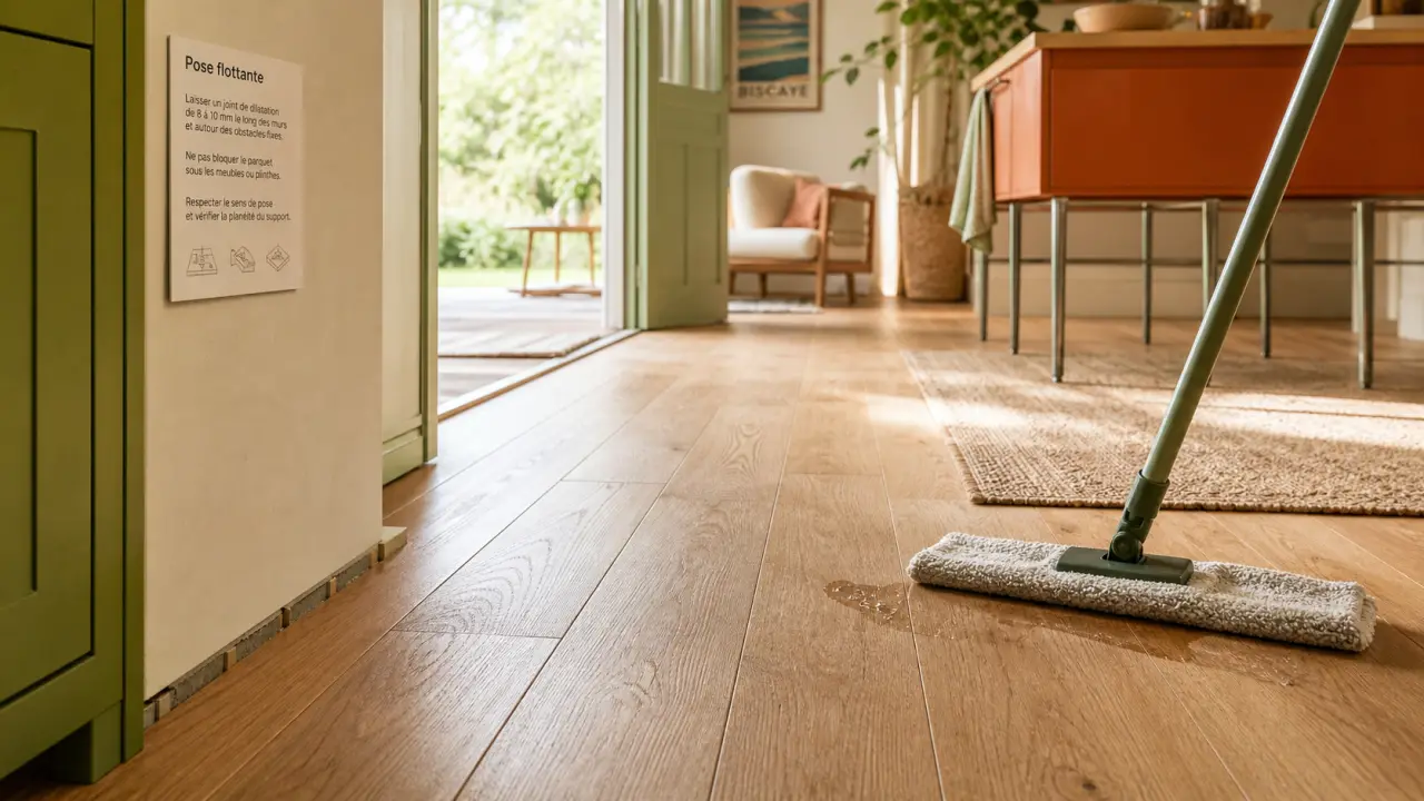 Parquet flottant dans une cuisine : planches bois près du mur