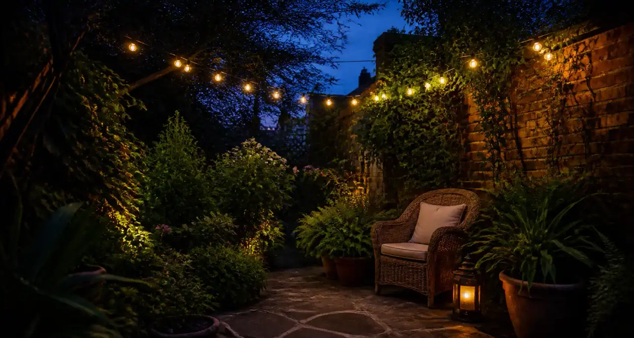 Patio secret au crépuscule avec guirlande lumineuse, fauteuil en osier et plantes