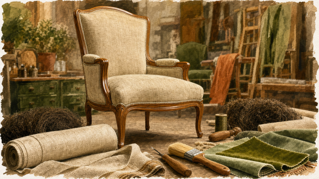 Rénovation fauteuil Voltaire : tissu et garnissage restaurés