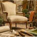 Rénovation fauteuil Voltaire : tissu et garnissage restaurés