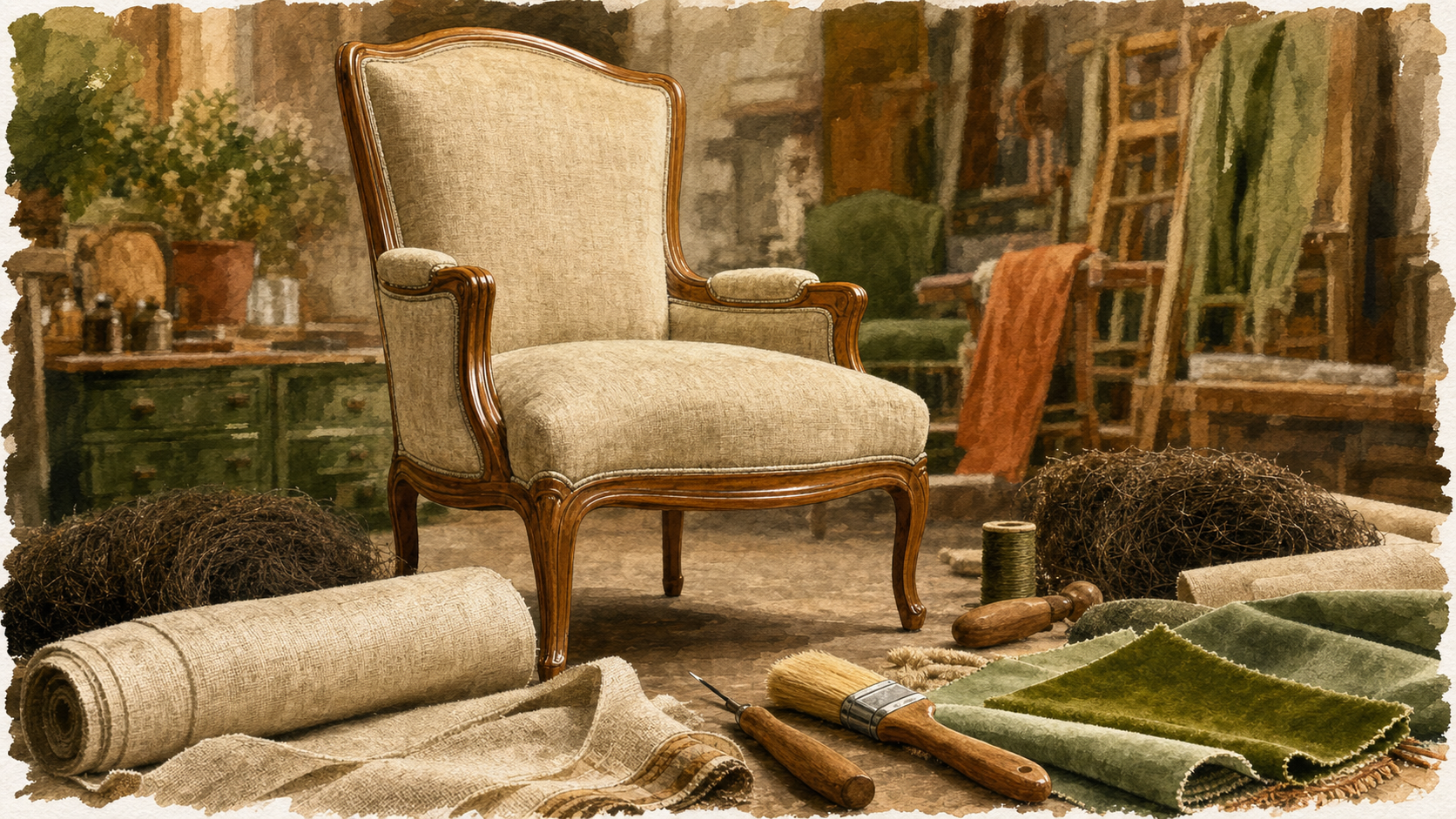 Rénovation fauteuil Voltaire : tissu et garnissage restaurés