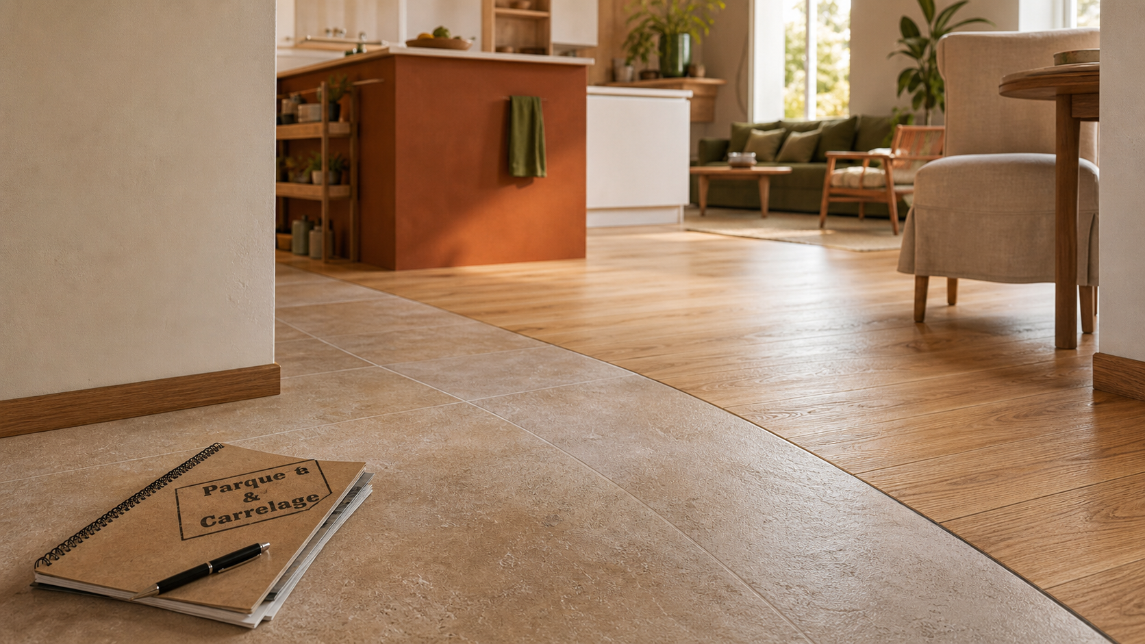 Salon parquet cuisine carrelage : jonction nette sans rupture visuelle