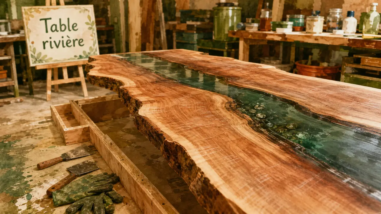 Photo table en resine epoxy : table rivière en bois massif en atelier