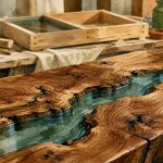 Table en resine rivière en atelier, bois massif et résine bleue