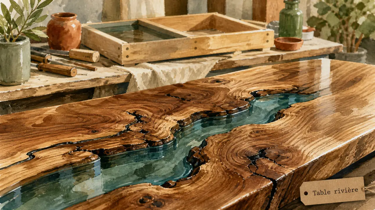 Table en resine rivière en atelier, bois massif et résine bleue