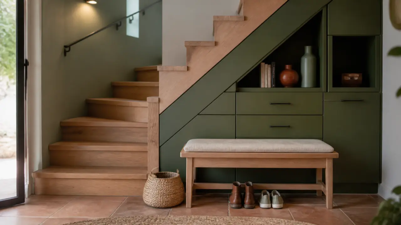 Aménagement sous escalier ouvert avec rangements sous pente