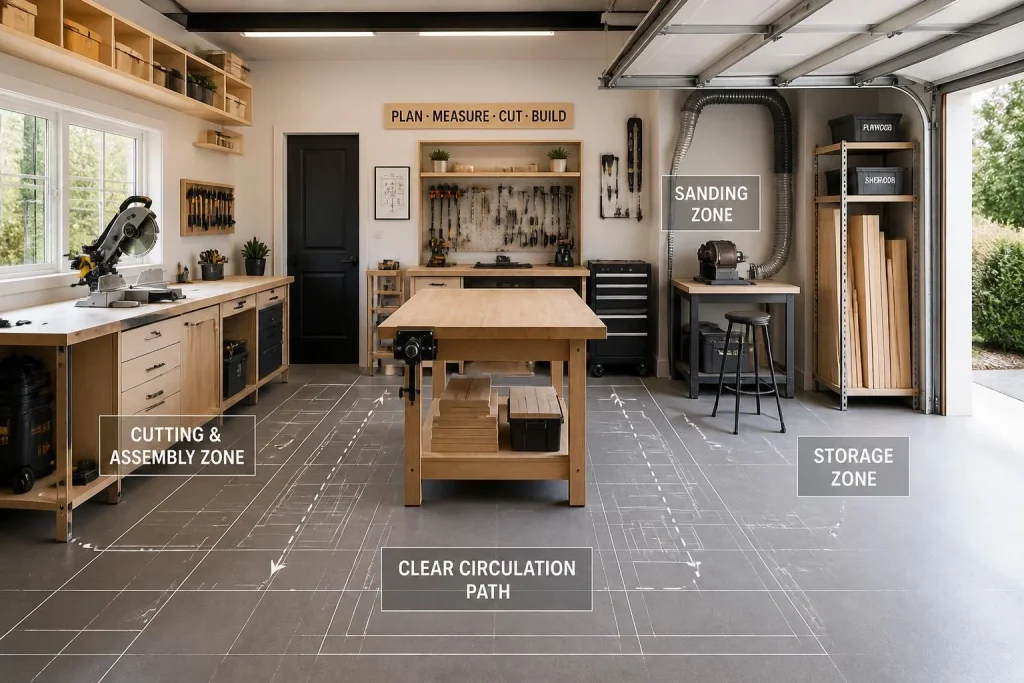 Zones, établi et rangements : organiser un atelier de menuiserie dans un garage