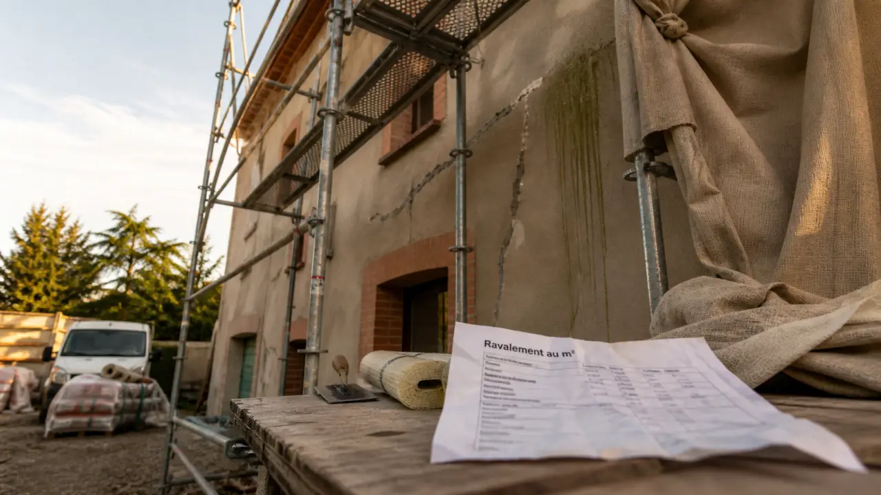Combien coute un ravalement de façade : façade en rénovation sur échafaudage
