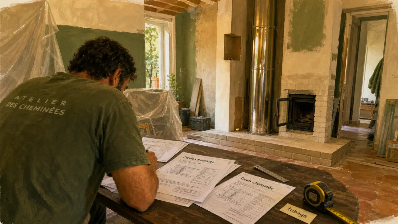 Devis pour cheminée : artisan sur chantier, tubage et conduit