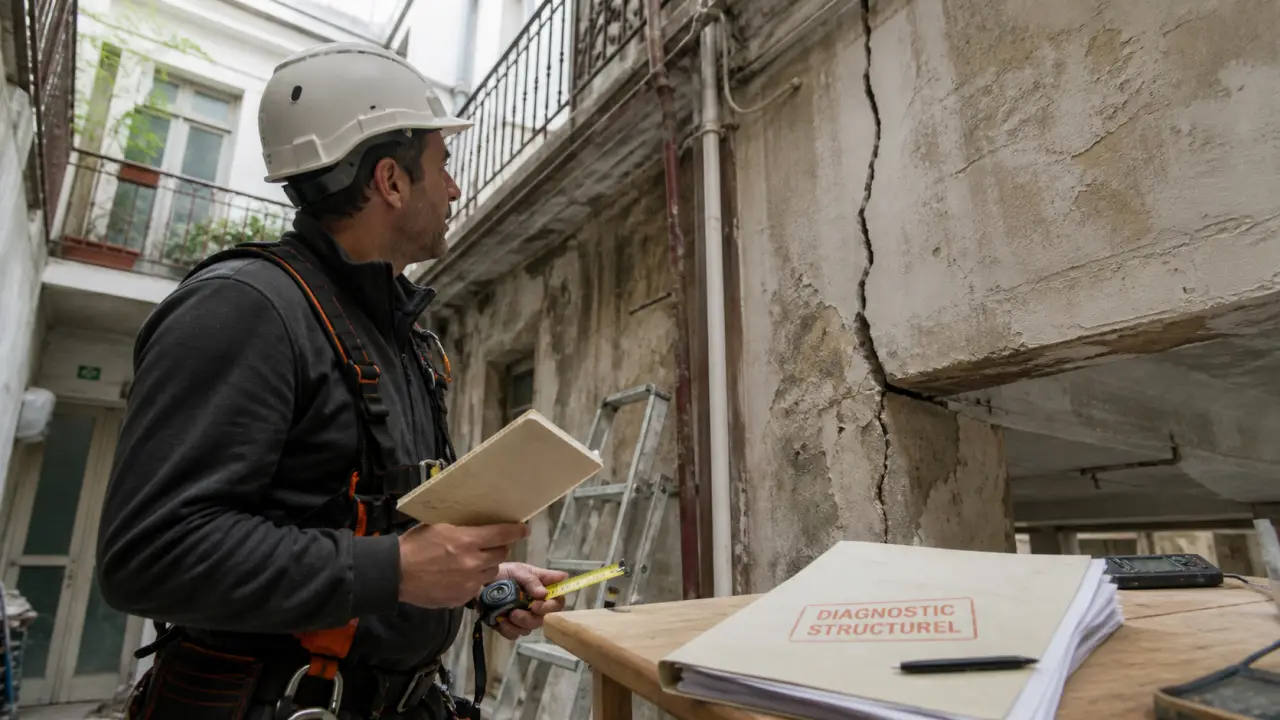 Diagnostic structurel immeuble collectif : expert examine une fissure