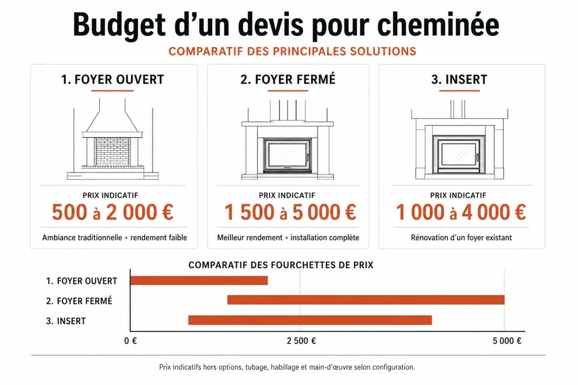 Devis pour cheminée : infographie comparative des prix entre foyer ouvert, foyer fermé et insert