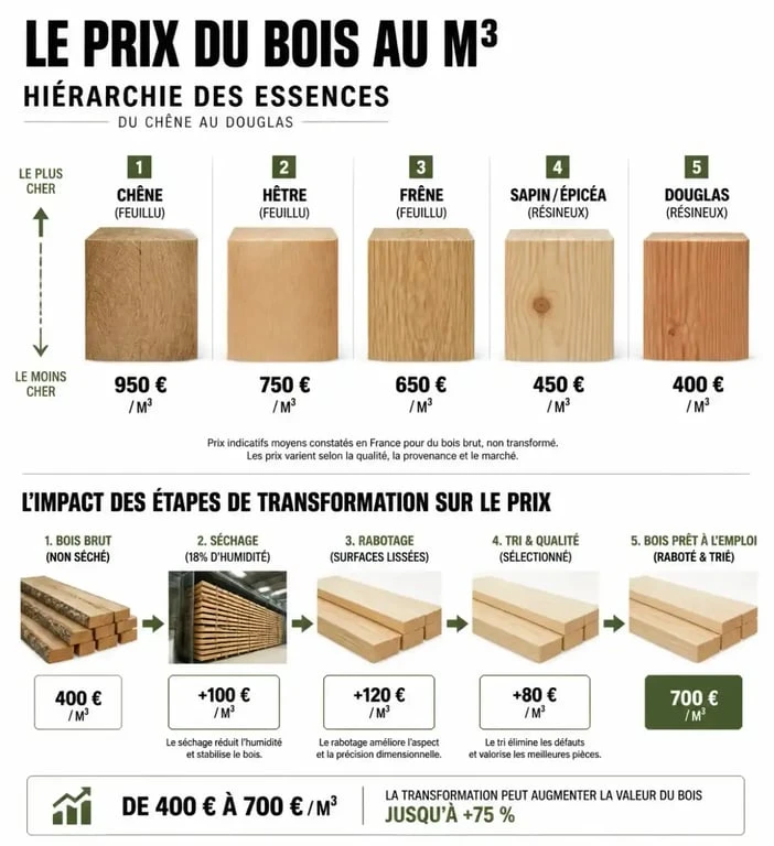 Infographie comparative du prix bois au m3 selon l'essence et la transformation