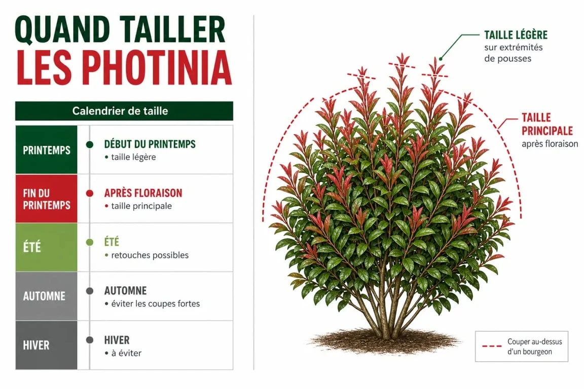 Quand tailler les photinia : calendrier de taille et zones de coupe sur un arbuste