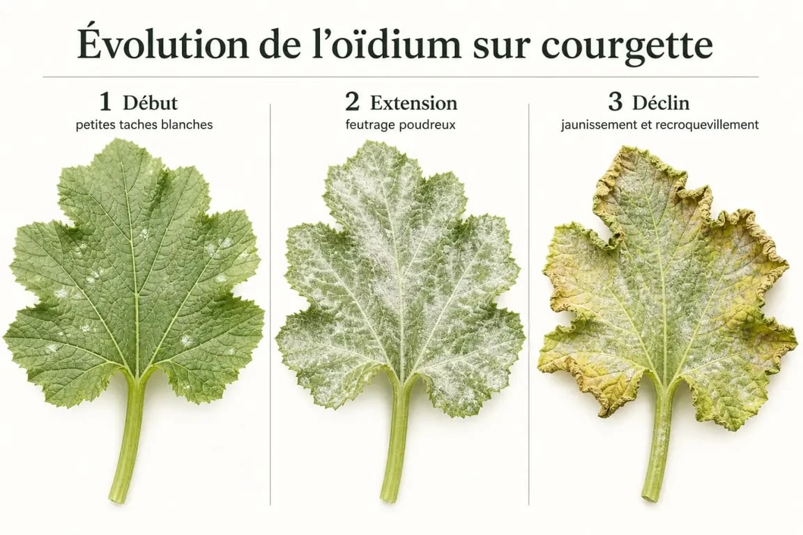 Traitement oïdium courgette : évolution des symptômes sur une feuille de courgette