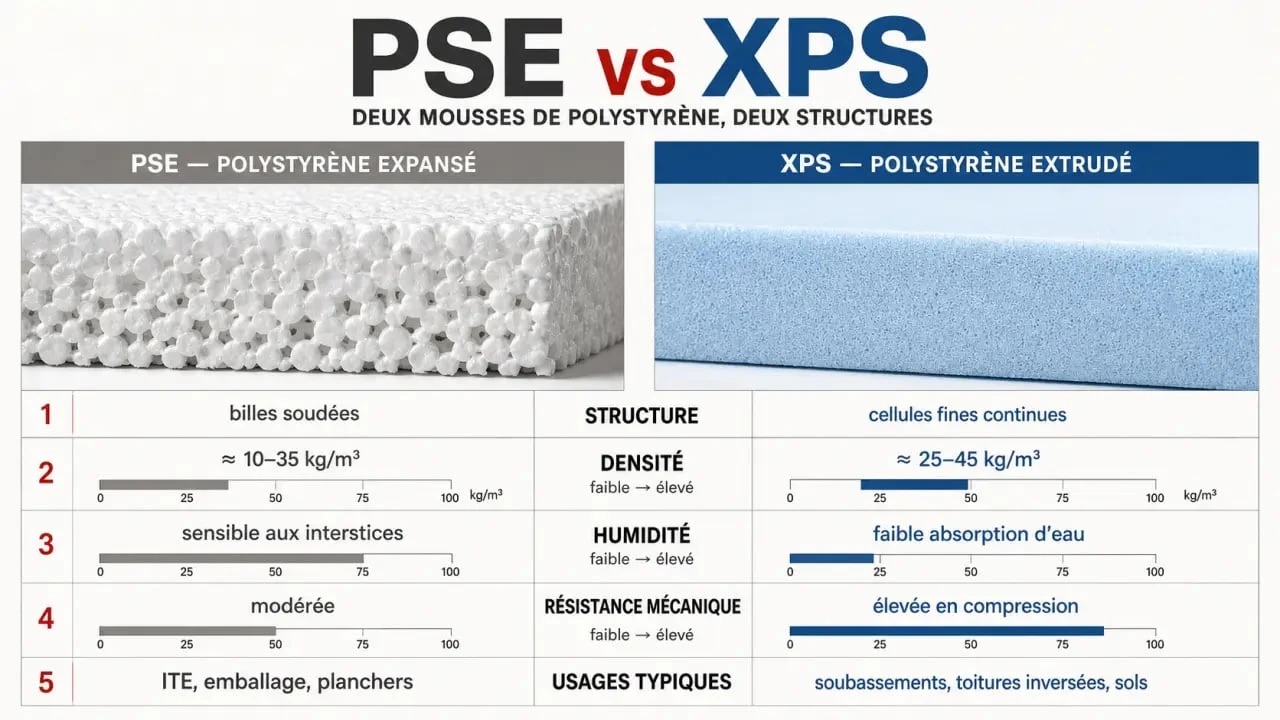 Polystyrène expansé ou extrudé : comparatif visuel des différences de densité, humidité et résistance mécanique
