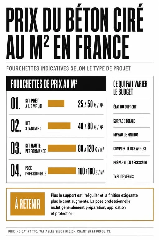 Prix du béton ciré au m2 : infographie des fourchettes de prix et des facteurs de variation