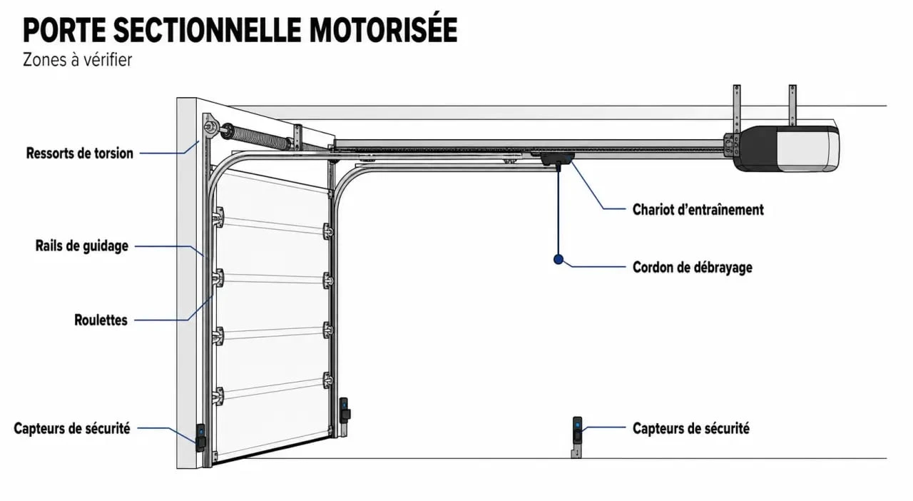 Problème porte de garage sectionnelle motorisée : schéma simplifié des rails, capteurs, ressorts et débrayage