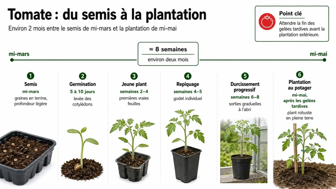 Quand semis tomates : frise chronologique du semis à la plantation des tomates au potager
