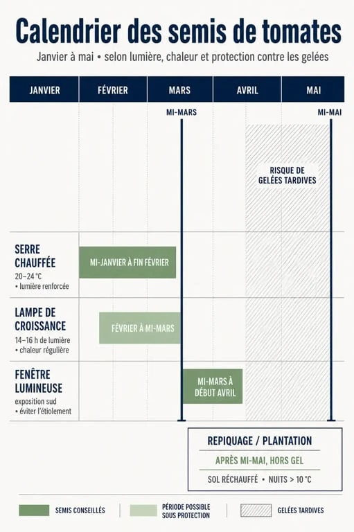 Quand semis tomates : calendrier visuel pour semer les tomates de janvier à mai selon la lumière, la chaleur et la date de plantation
