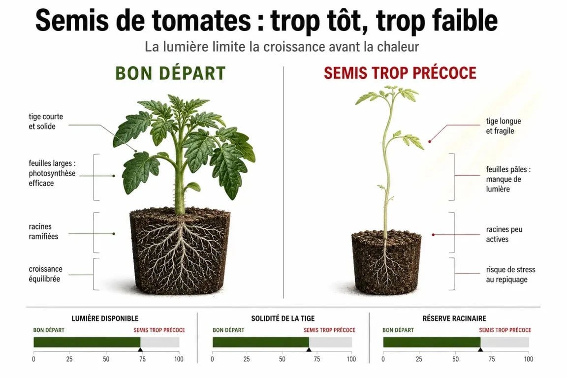 Quand semis tomates : comparaison entre un plant vigoureux et un plant de tomates qui file par manque de lumière