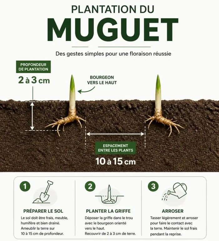 Infographie montrant comment planter le muguet : profondeur de 2 à 3 cm et espacement de 10 à 15 cm pour réussir la plantation du muguet.