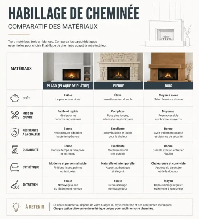 Tableau comparatif des matériaux pour l'habillage d'une ancienne cheminée
