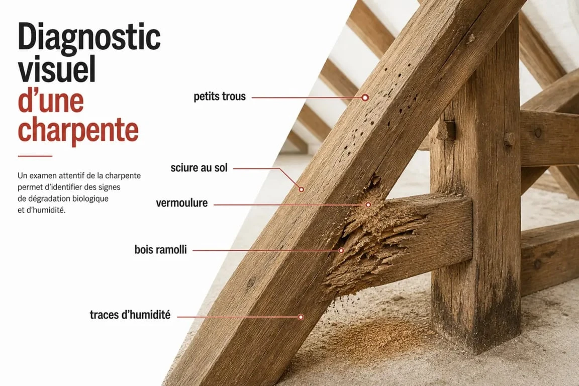 Traitement charpente bois : signes d’attaque visibles sur poutres et chevrons