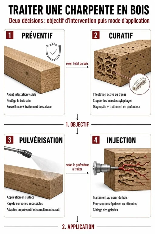 Traitement charpente bois : comparaison préventif, curatif, pulvérisation et injection