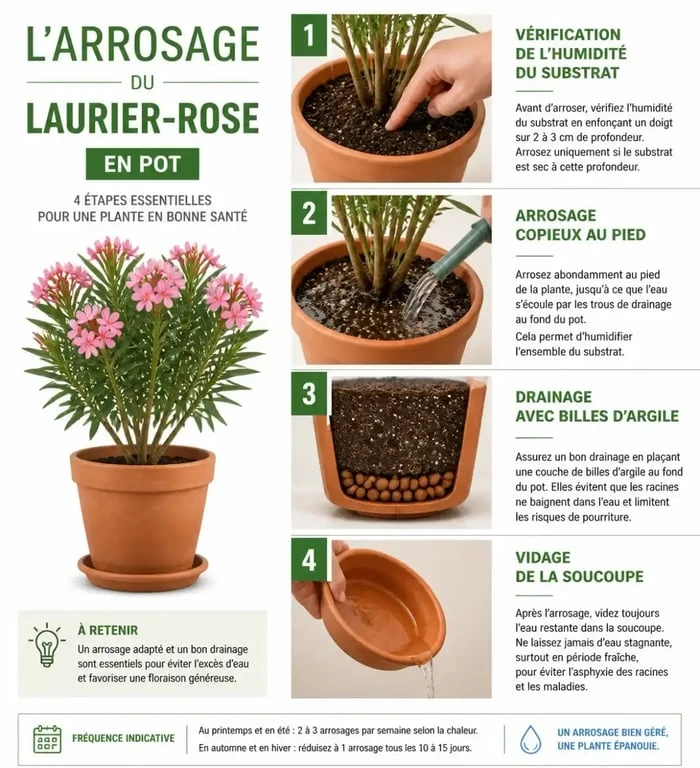Infographie sur les bonnes pratiques d'arrosage du laurier-rose en pot