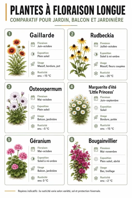 Plante qui fleurit toute l'année : infographie comparative des plantes à floraison longue selon l'exposition et l'usage