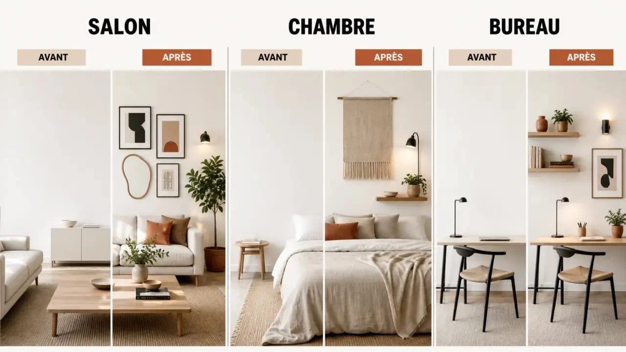 Décorer mur blanc : avant et après d’un mur blanc habillé dans un salon, une chambre et un bureau