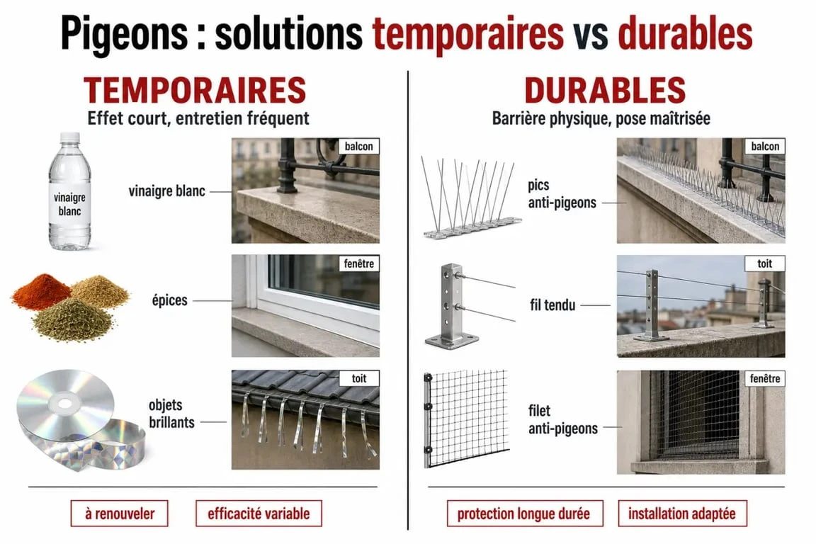 Recette de grand mere pour faire fuir les pigeons : comparaison visuelle entre astuces naturelles temporaires et barrières physiques durables