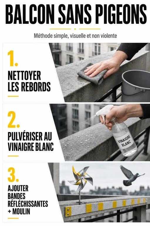 Recette de grand mere pour faire fuir les pigeons : spray au vinaigre sur un balcon propre avec bandes réfléchissantes pour éloigner les oiseaux