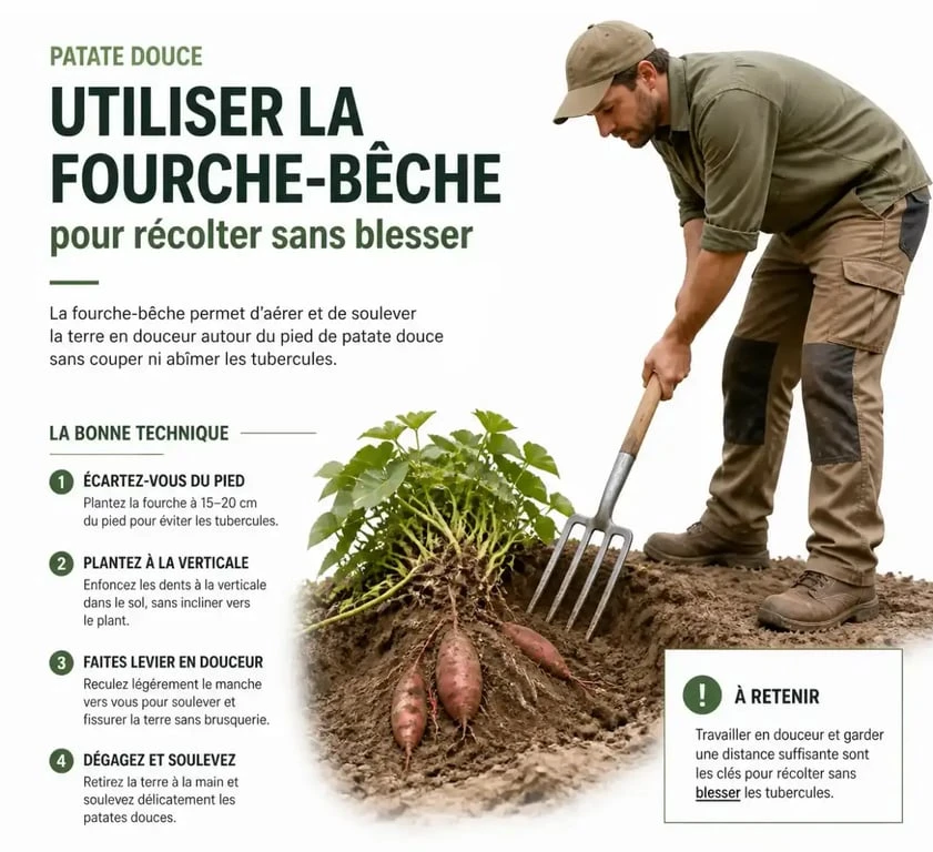 Technique de récolte des patates douces avec une fourche-bêche