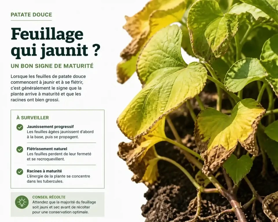 Signes de maturité pour la récolte des patates douces avec feuillage jauni