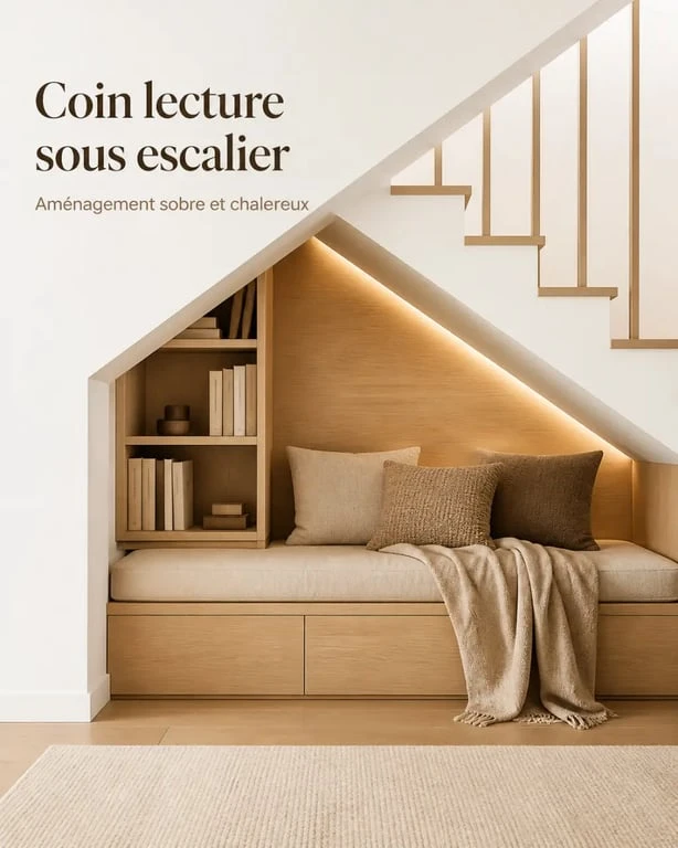 Aménagement sous escalier ouvert en coin lecture cosy avec banquette et bibliothèque