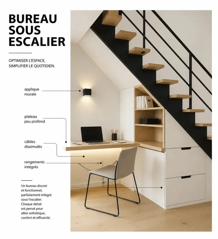 Aménagement sous escalier ouvert avec bureau compact et rangements intégrés