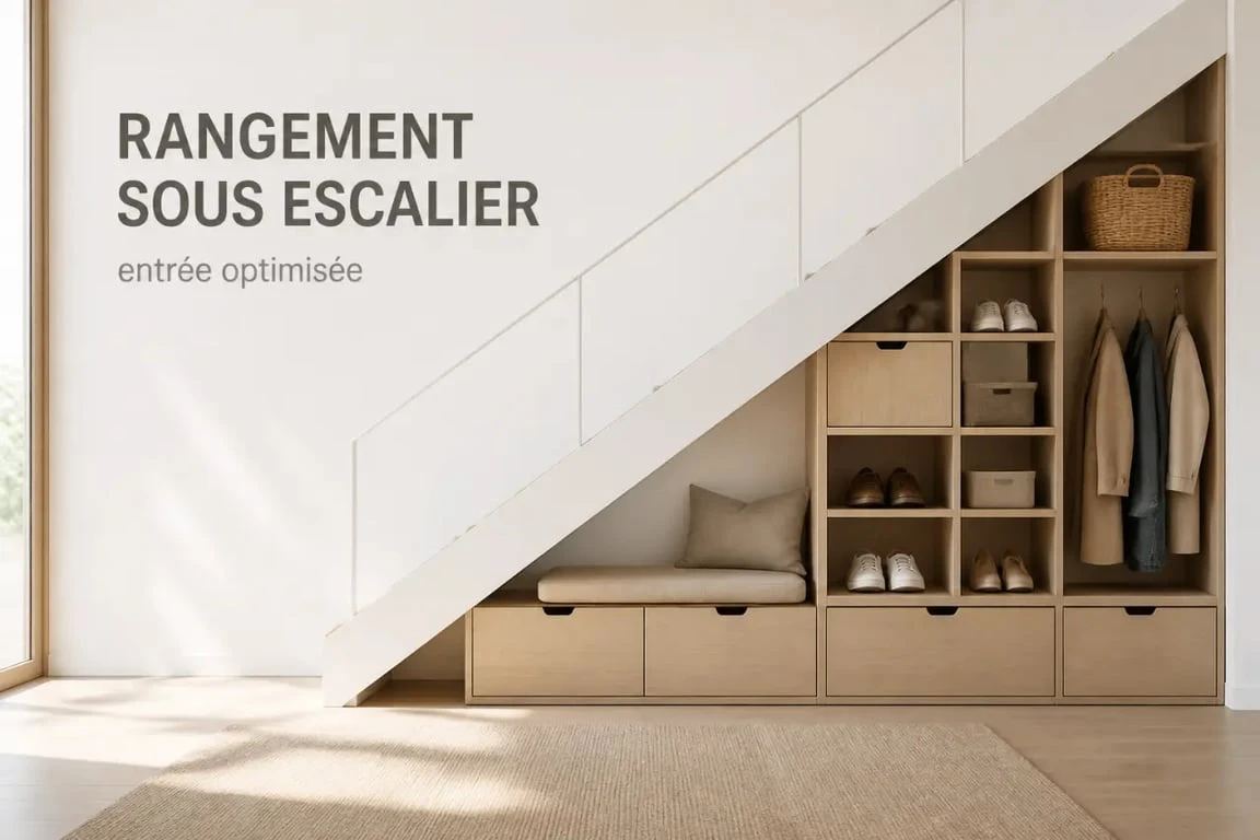 Aménagement sous escalier ouvert avec rangements bas et niches ouvertes dans une entrée contemporaine