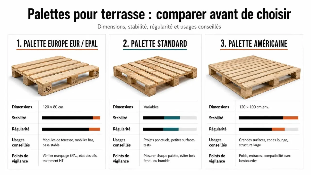 Palette pour terrasse : comparaison visuelle des types de palettes EUR/EPAL, standard et américaine