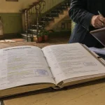 Entretien copropriété : carnet d’entretien sur table en hall d’immeuble