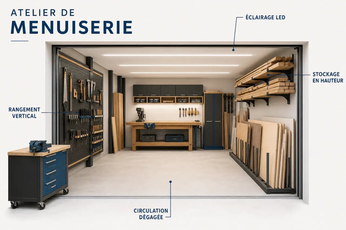 Comment aménager un atelier de menuiserie dans son garage avec établi, rangements muraux et circulation dégagée