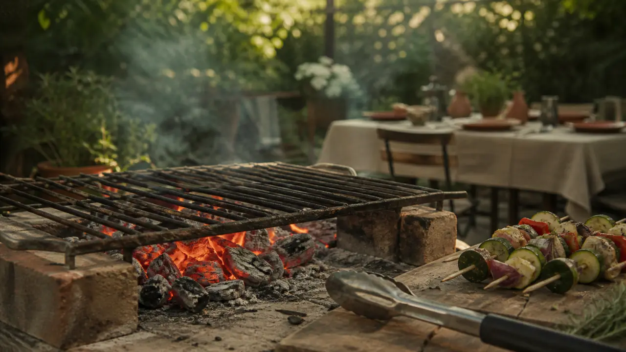 Faire un barbecue maison au bois : grille métal sur foyer en briques