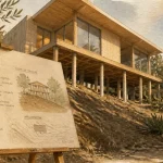 Maison sur pilotis sur terrain en pente, pilotis visibles
