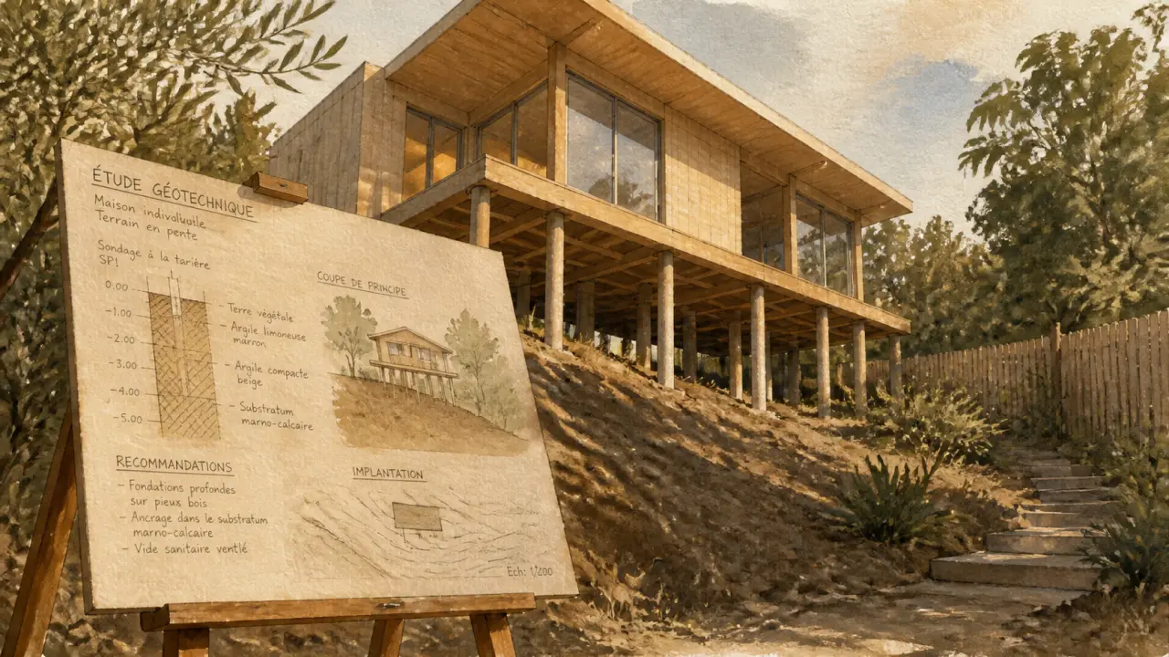 Maison sur pilotis sur terrain en pente, pilotis visibles