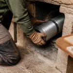 Poele a bois tubage : technicien pose le manchon inox
