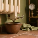 Radiateur fait du bruit : purge eau chaude, clé et récipient sous la vis