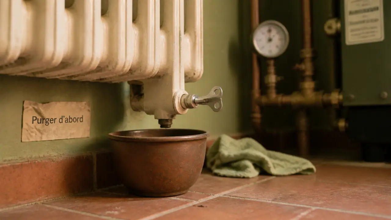 Radiateur fait du bruit : purge eau chaude, clé et récipient sous la vis